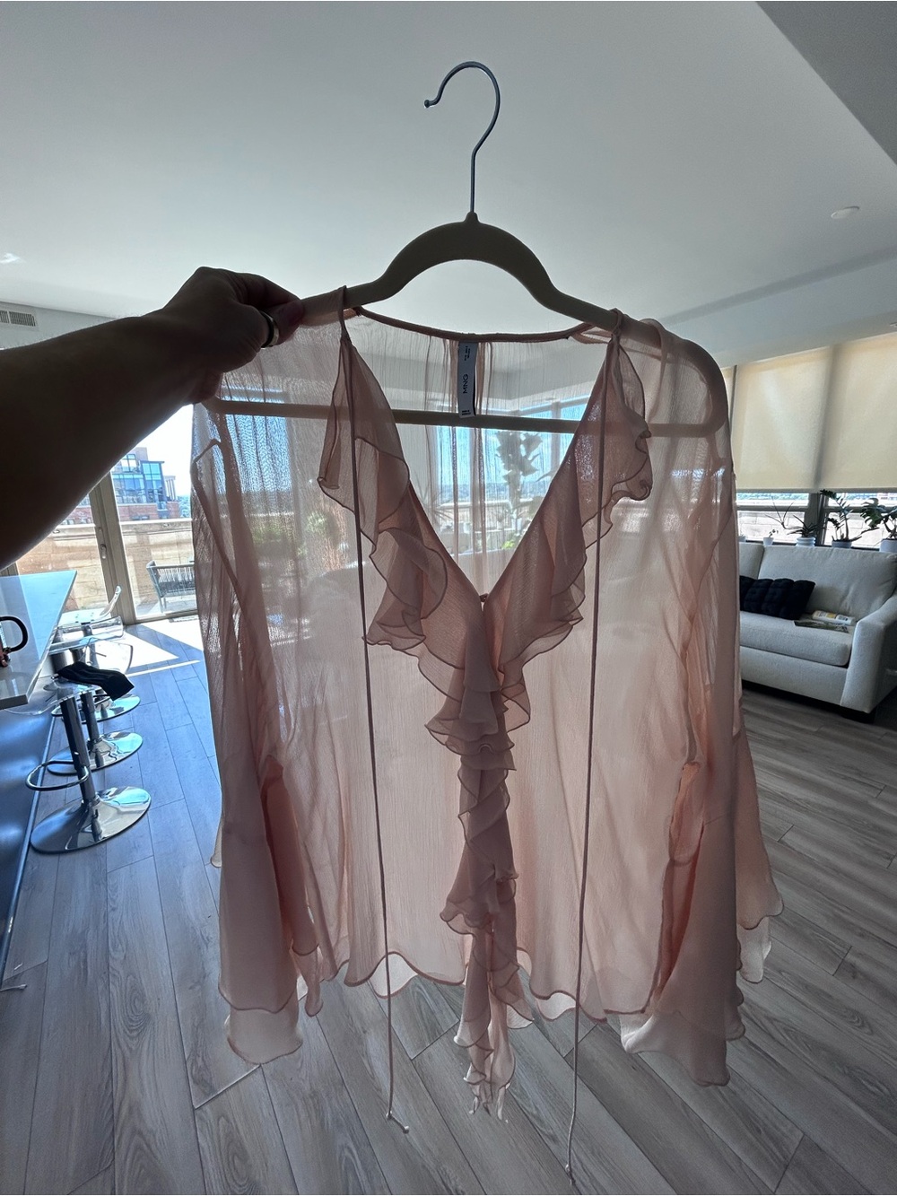 MNG NWOT SZ 2-6 Sheer Ruffle Tie-Front Blouse - Blush Pink